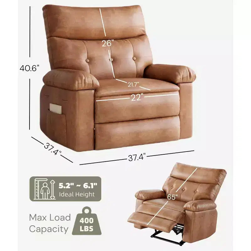 Poltrona reclinabile oversize - Poltrona reclinabile manuale in pelle PU per adulti, comoda poltrona reclinabile con braccioli e schienale imbottiti, tasca laterale, divano singolo