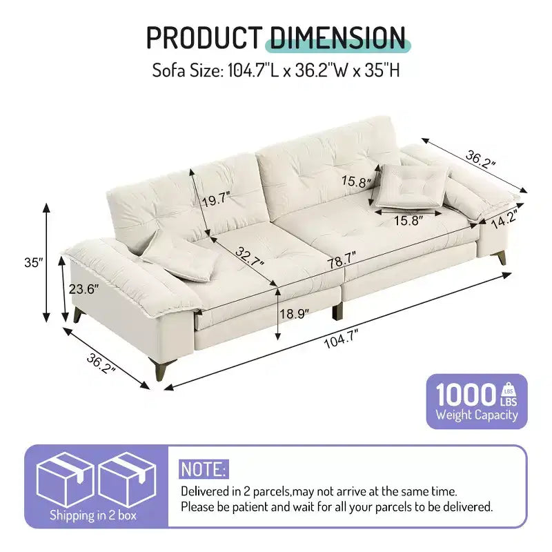 Divano Whisen 104.7 Modern Cloud a 4 posti, comodo divano imbottito in ciniglia con 2 cuscini, ampi braccioli rimovibili, gambe in metallo