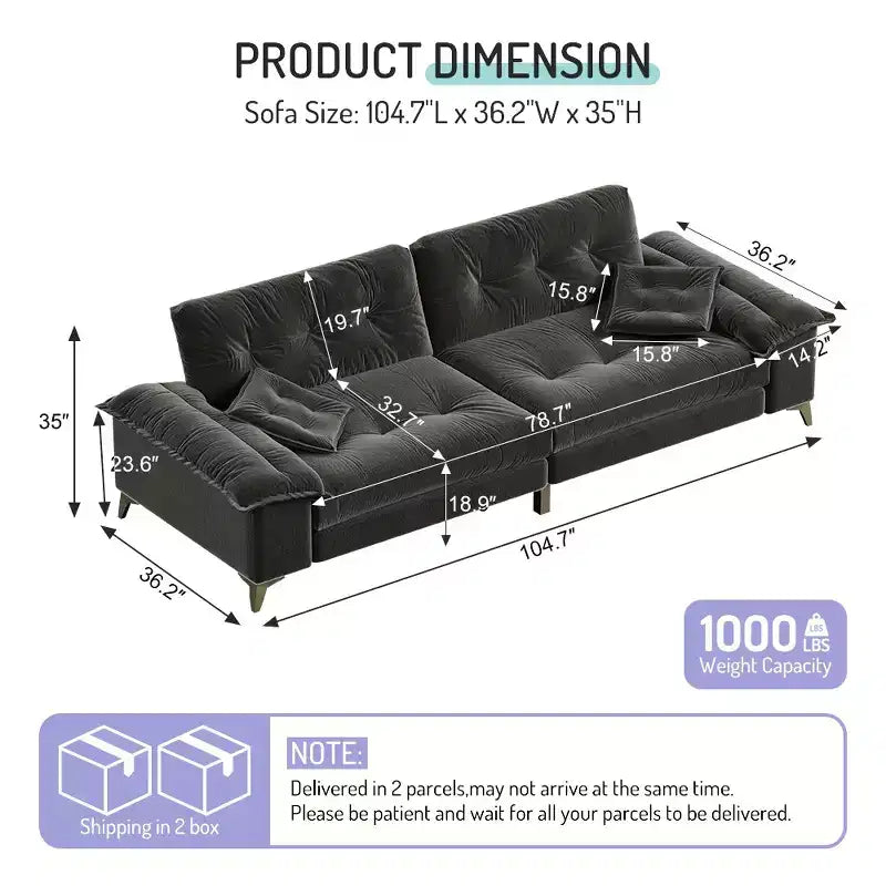 Divano Whisen 104.7 Modern Cloud a 4 posti, comodo divano imbottito in ciniglia con 2 cuscini, ampi braccioli rimovibili, gambe in metallo