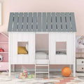Twin House Bed for Kids Wood Low Loft Bed Frame with Windows and Roof, Easy Assembly White