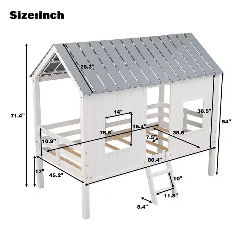 Letto a Capanna a Castello per Bambini, in Legno, Basso, con Finestre e Tetto, Facile da Montare, Bianco