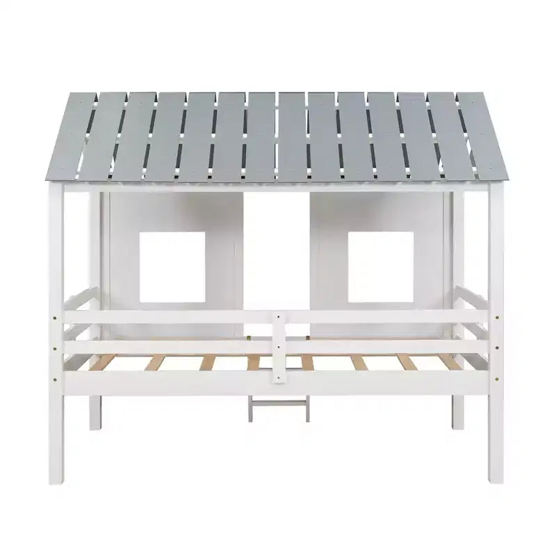 Letto a Capanna a Castello per Bambini, in Legno, Basso, con Finestre e Tetto, Facile da Montare, Bianco