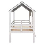 Letto a Capanna a Castello per Bambini, in Legno, Basso, con Finestre e Tetto, Facile da Montare, Bianco