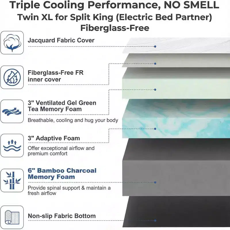 Materasso in memory foam Dyonery da 12-14 pollici di dimensione Twin XL, premium, rigido, rinfrescante in gel e tè verde, con rivestimento sfoderabile senza fibra di vetro, traspirante e di supporto