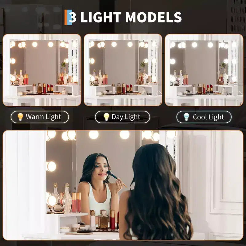 Specchio da Trucco da Angolo GustoWave, Specchio a 3 Ante con 3 Modalità di Illuminazione, Specchio per Trucco per Camera da Letto e Studio, Specchio da Trucco Illuminato a Tre Ante