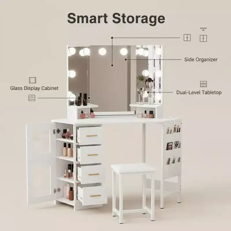 Specchio da Trucco da Angolo GustoWave, Specchio a 3 Ante con 3 Modalità di Illuminazione, Specchio per Trucco per Camera da Letto e Studio, Specchio da Trucco Illuminato a Tre Ante