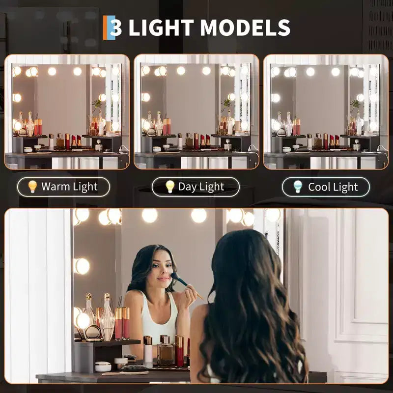 Specchio da Trucco da Angolo GustoWave, Specchio a 3 Ante con 3 Modalità di Illuminazione, Specchio per Trucco per Camera da Letto e Studio, Specchio da Trucco Illuminato a Tre Ante