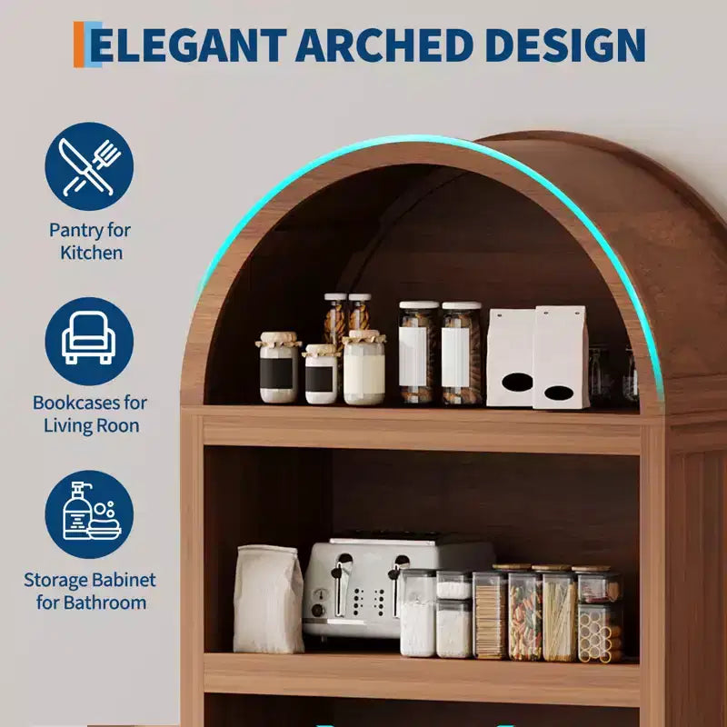 Dispensa da cucina ad arco da 71", Mobiletto in legno a 5 ripiani, Libreria autoportante con ripiani regolabili, Mobiletto da bagno