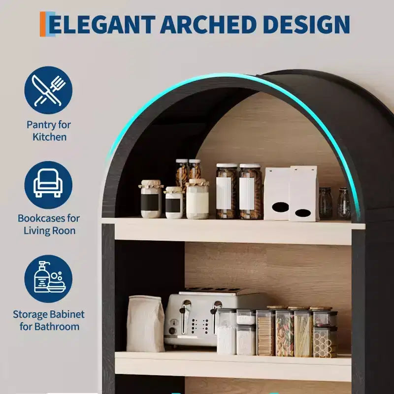 Dispensa da cucina ad arco da 71", Mobiletto in legno a 5 ripiani, Libreria autoportante con ripiani regolabili, Mobiletto da bagno