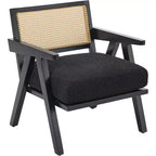 Acekool Mid Century Modern Accent Chair, Wood Frame Lounge Chair with Rattan Backrest and Thick Linen Cushion for Living Room Bedroom Reading Corner