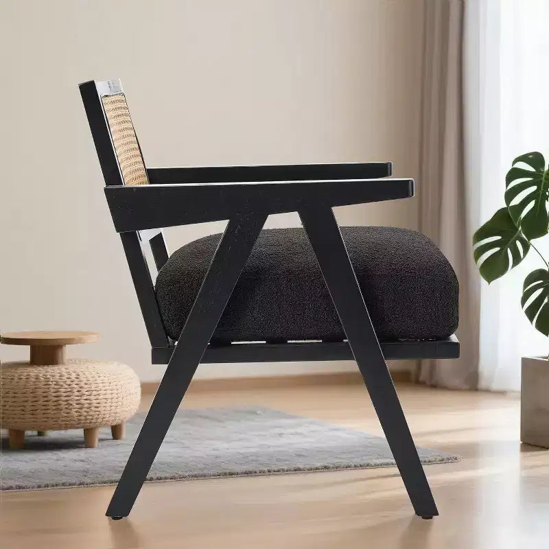 Acekool Poltrona moderna di metà secolo, Sedia da salotto con struttura in legno e schienale in rattan e spesso cuscino in lino per soggiorno, camera da letto, angolo lettura
