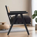 Acekool Poltrona moderna di metà secolo, Sedia da salotto con struttura in legno e schienale in rattan e spesso cuscino in lino per soggiorno, camera da letto, angolo lettura