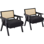 Acekool Poltrona moderna di metà secolo, Sedia da salotto con struttura in legno e schienale in rattan e spesso cuscino in lino per soggiorno, camera da letto, angolo lettura