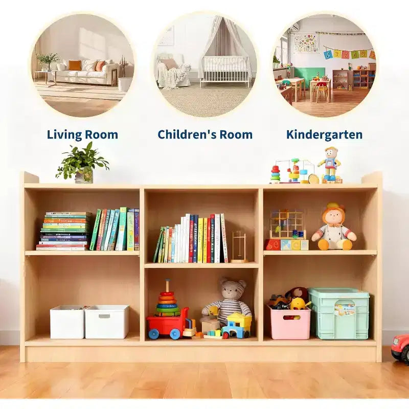 Scaffale Montessori, Organizzatore di Giocattoli e Libri a 6 Scomparti con Divisori Regolabili, Libreria per Bambini con Finitura Naturale per Sale Giochi, Aule