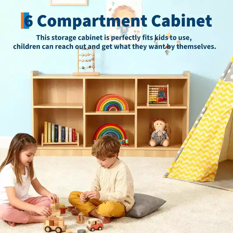 Scaffale Montessori, Organizzatore di Giocattoli e Libri a 6 Scomparti con Divisori Regolabili, Libreria per Bambini con Finitura Naturale per Sale Giochi, Aule