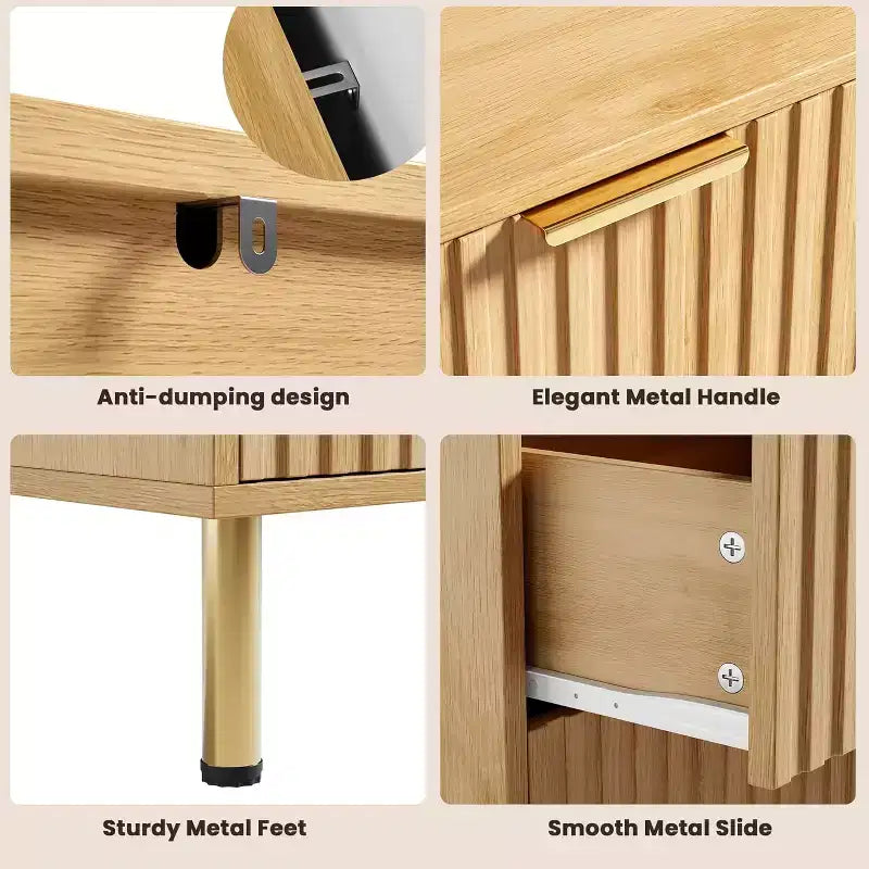 Comò a 8 cassetti in legno da 140 cm con maniglie in metallo e design antiribaltamento - Finitura naturale moderna per camera da letto, soggiorno e ufficio.