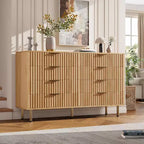 Comò a 8 cassetti in legno da 140 cm con maniglie in metallo e design antiribaltamento - Finitura naturale moderna per camera da letto, soggiorno e ufficio.