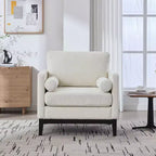 Poltrona TUYOHW, poltrona imbottita in bouclé con 2 cuscini a rullo, gambe in legno naturale, sedile con molle insacchettate, sedia lounge per soggiorno, ufficio