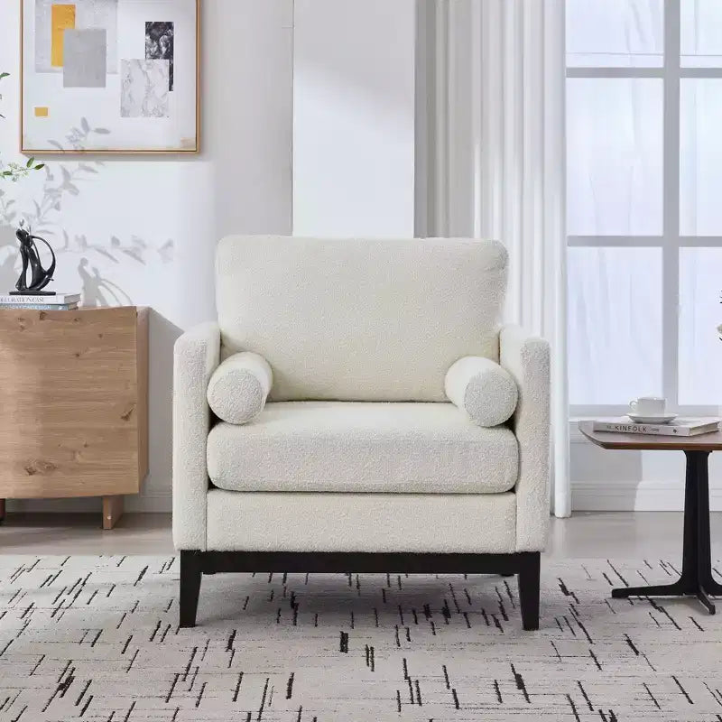 Poltrona TUYOHW, poltrona imbottita in bouclé con 2 cuscini a rullo, gambe in legno naturale, sedile con molle insacchettate, sedia lounge per soggiorno, ufficio