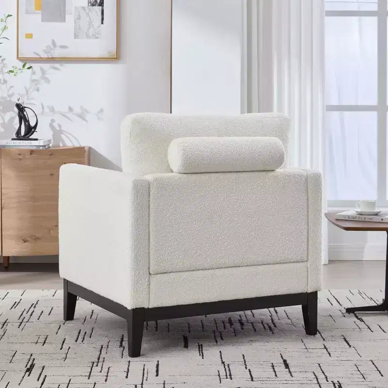 Poltrona TUYOHW, poltrona imbottita in bouclé con 2 cuscini a rullo, gambe in legno naturale, sedile con molle insacchettate, sedia lounge per soggiorno, ufficio
