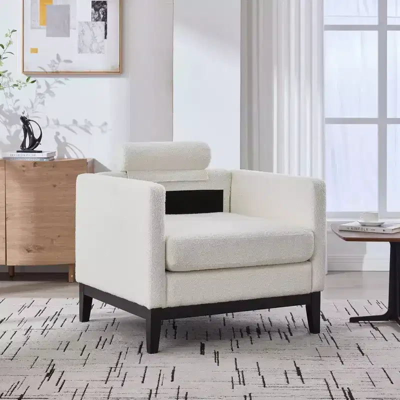 Poltrona TUYOHW, poltrona imbottita in bouclé con 2 cuscini a rullo, gambe in legno naturale, sedile con molle insacchettate, sedia lounge per soggiorno, ufficio