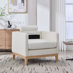Poltrona TUYOHW, poltrona imbottita in bouclé con 2 cuscini a rullo, gambe in legno naturale, sedile con molle insacchettate, sedia lounge per soggiorno, ufficio
