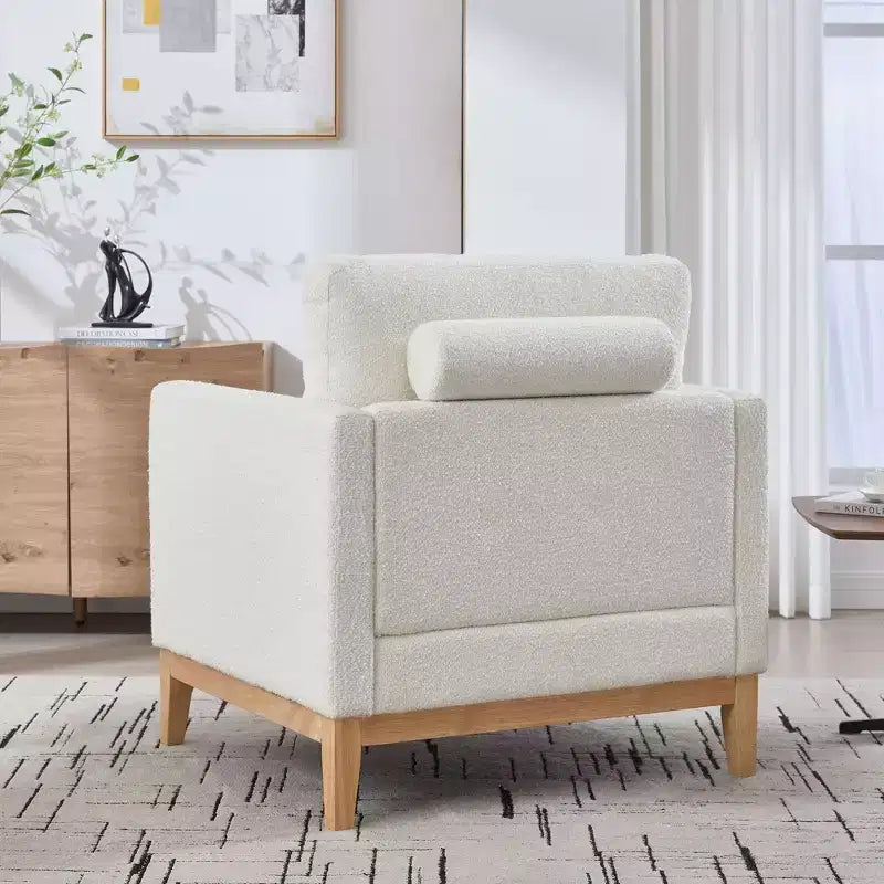 Poltrona TUYOHW, poltrona imbottita in bouclé con 2 cuscini a rullo, gambe in legno naturale, sedile con molle insacchettate, sedia lounge per soggiorno, ufficio