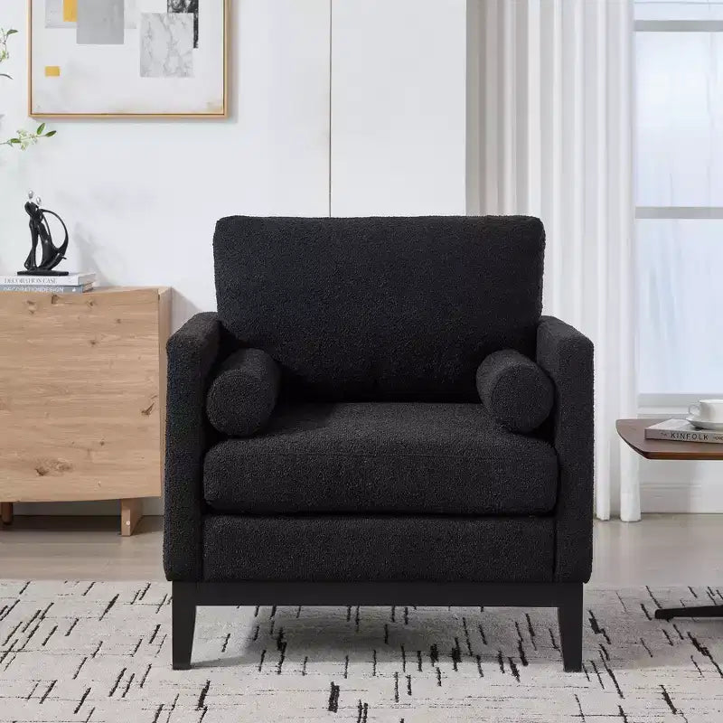 Poltrona TUYOHW, poltrona imbottita in bouclé con 2 cuscini a rullo, gambe in legno naturale, sedile con molle insacchettate, sedia lounge per soggiorno, ufficio