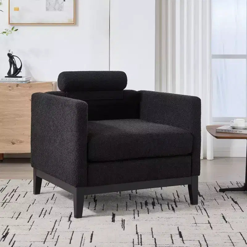Poltrona TUYOHW, poltrona imbottita in bouclé con 2 cuscini a rullo, gambe in legno naturale, sedile con molle insacchettate, sedia lounge per soggiorno, ufficio