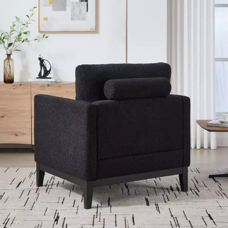 Poltrona TUYOHW, poltrona imbottita in bouclé con 2 cuscini a rullo, gambe in legno naturale, sedile con molle insacchettate, sedia lounge per soggiorno, ufficio
