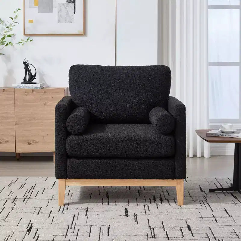 Poltrona TUYOHW, poltrona imbottita in bouclé con 2 cuscini a rullo, gambe in legno naturale, sedile con molle insacchettate, sedia lounge per soggiorno, ufficio