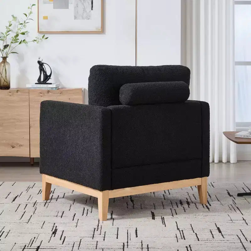 Poltrona TUYOHW, poltrona imbottita in bouclé con 2 cuscini a rullo, gambe in legno naturale, sedile con molle insacchettate, sedia lounge per soggiorno, ufficio