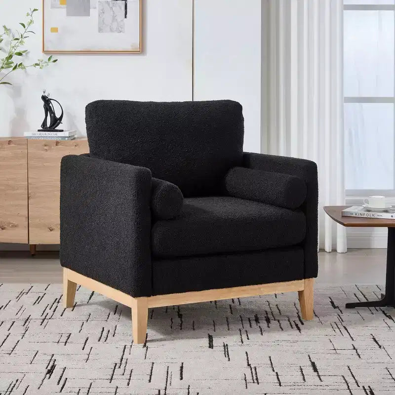 Poltrona TUYOHW, poltrona imbottita in bouclé con 2 cuscini a rullo, gambe in legno naturale, sedile con molle insacchettate, sedia lounge per soggiorno, ufficio