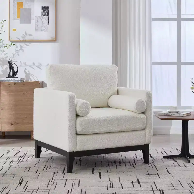 Poltrona TUYOHW, poltrona imbottita in bouclé con 2 cuscini a rullo, gambe in legno naturale, sedile con molle insacchettate, sedia lounge per soggiorno, ufficio