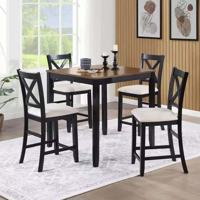 MAYEERTY Set of 4 Wooden Dining Chairs, Padded Upholstered Seat, Dining Room Living Room Kitchen, Black & Beige Two Tone