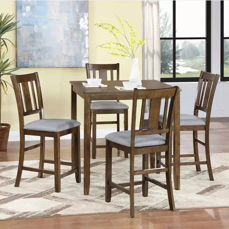 MAYEERTY Set da Pranzo 5 Pezzi, Tavolo Alto Quadrato in Legno con 4 Sedie Imbottite, per Cucina di Piccole Dimensioni, Noce
