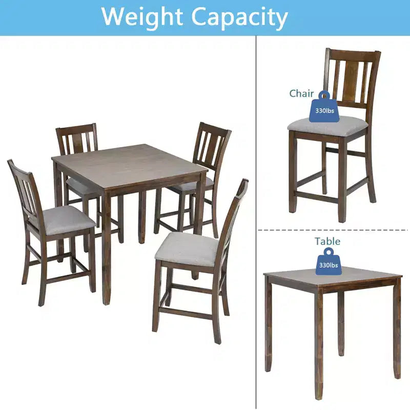 MAYEERTY Set da Pranzo 5 Pezzi, Tavolo Alto Quadrato in Legno con 4 Sedie Imbottite, per Cucina di Piccole Dimensioni, Noce
