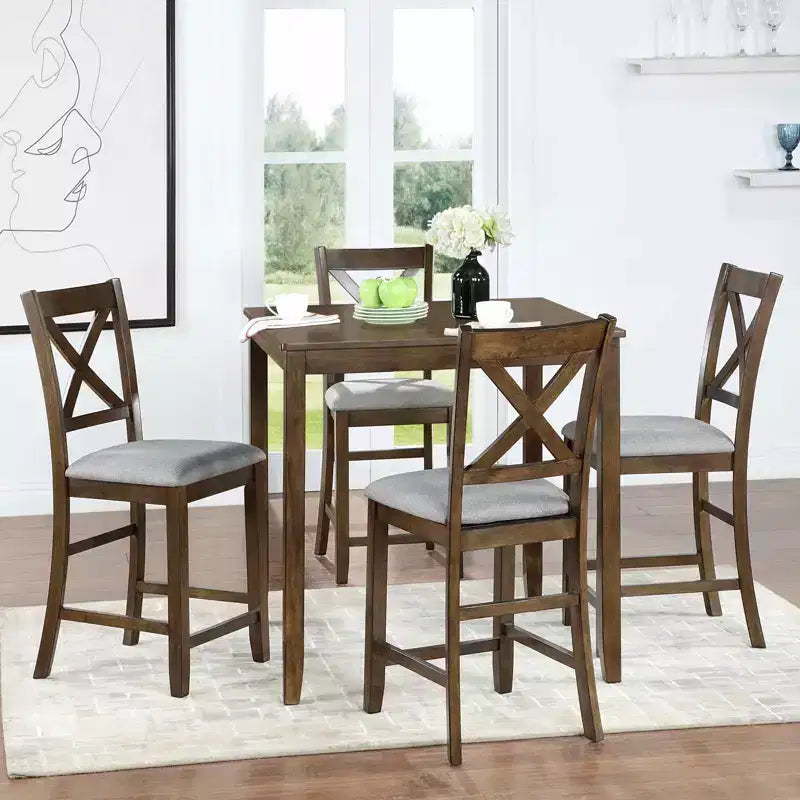 MAYEERTY Set da Pranzo 5 Pezzi, Tavolo Alto Quadrato in Legno con 4 Sedie Imbottite, per Cucina di Piccole Dimensioni, Noce