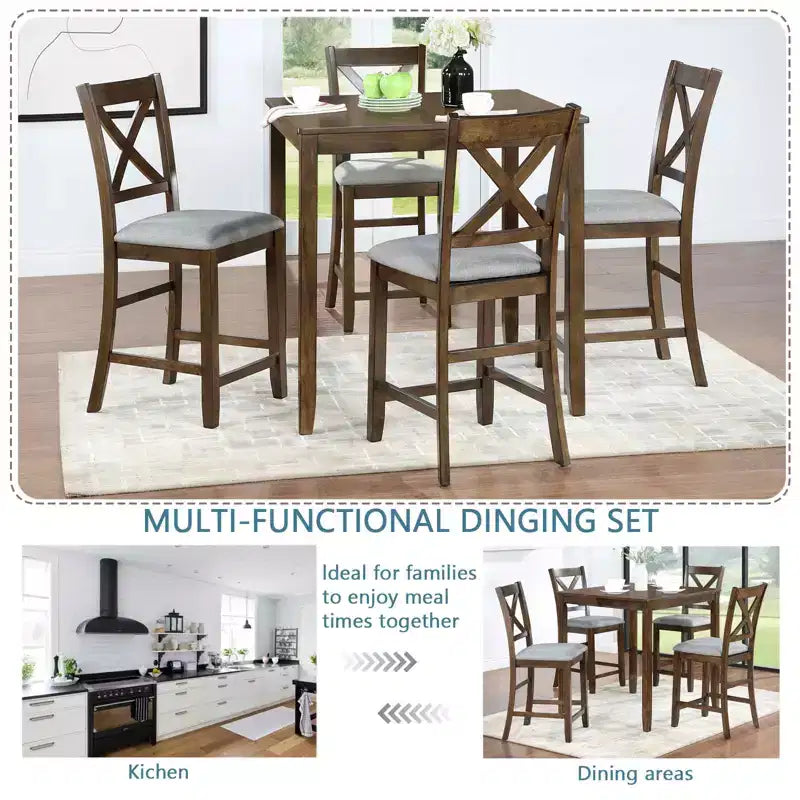 MAYEERTY Set da Pranzo 5 Pezzi, Tavolo Alto Quadrato in Legno con 4 Sedie Imbottite, per Cucina di Piccole Dimensioni, Noce