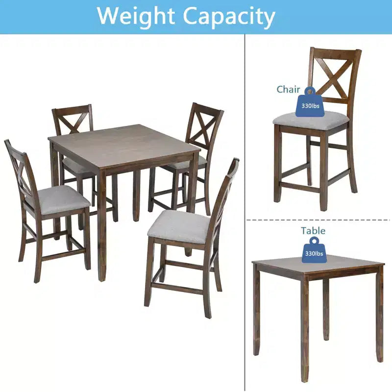 MAYEERTY Set da Pranzo 5 Pezzi, Tavolo Alto Quadrato in Legno con 4 Sedie Imbottite, per Cucina di Piccole Dimensioni, Noce