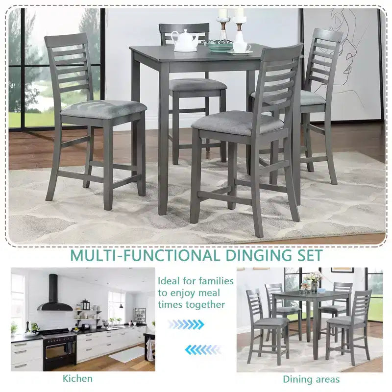 MAYEERTY Set da Pranzo 5 Pezzi, Tavolo Alto Quadrato in Legno con 4 Sedie Imbottite, per Cucina di Piccole Dimensioni, Noce
