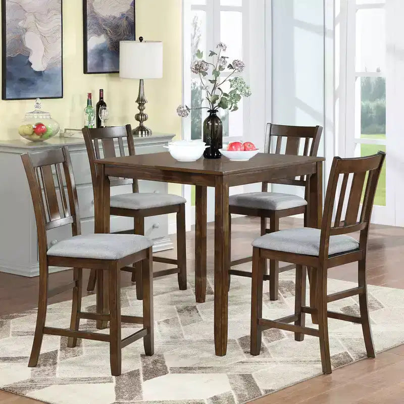 MAYEERTY 5-Piece Counter Height Dining Set, Square Wooden Table 4 Upholstered Chairs, Small Space Kitchen, Walnut