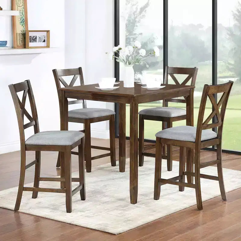 MAYEERTY Set da Pranzo 5 Pezzi, Tavolo Alto Quadrato in Legno con 4 Sedie Imbottite, per Cucina di Piccole Dimensioni, Noce
