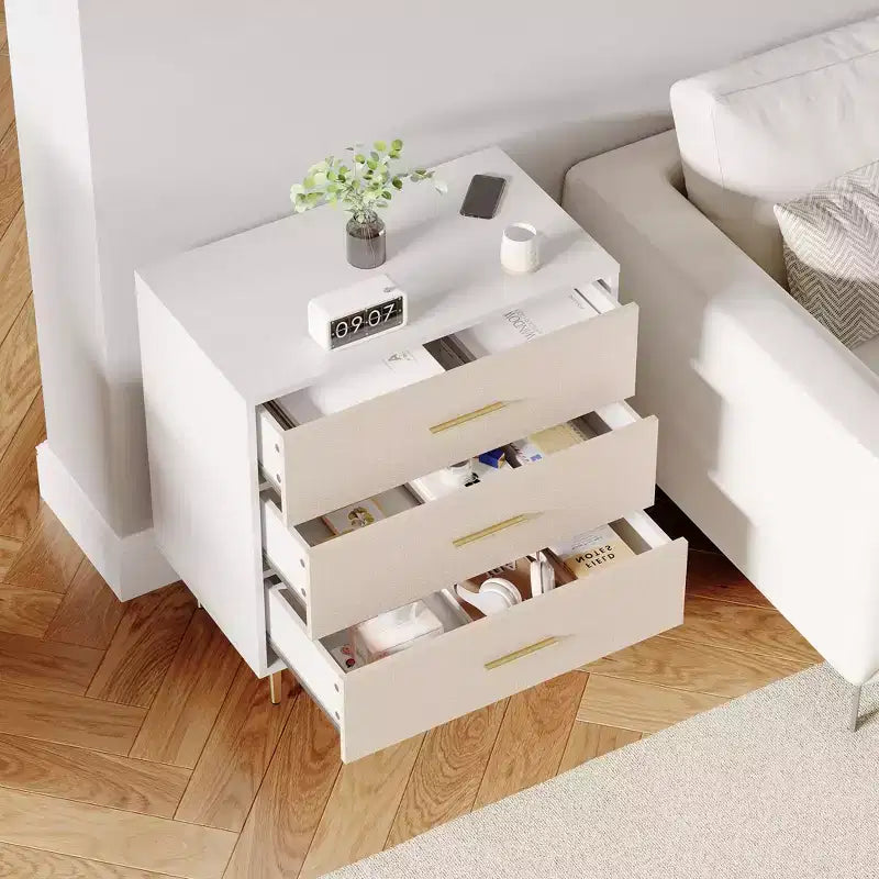 Comò Cassettiera Bianca - Comò Moderno in Legno con Gambe e Maniglie Dorate per Camera da Letto/Soggiorno