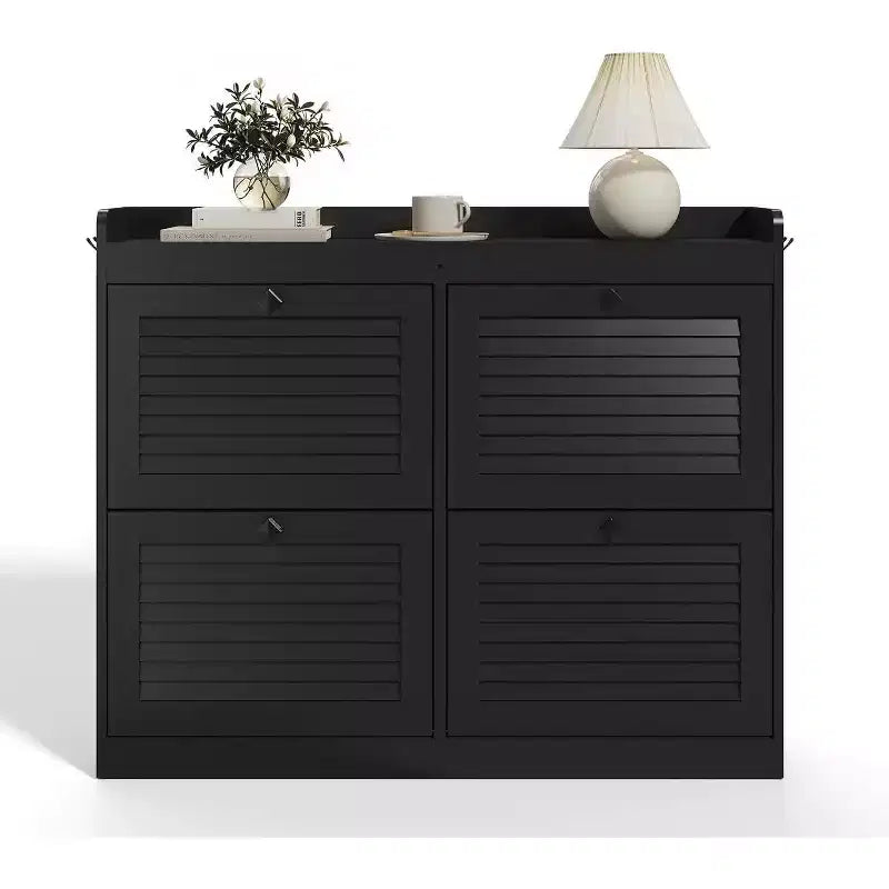 Grande scarpiera in rattan con 4 cassetti a ribalta, portascarpe autoportante con gambe in legno, scarpiera stretta