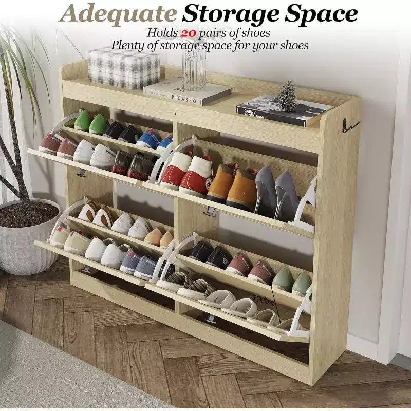 Grande scarpiera in rattan con 4 cassetti a ribalta, portascarpe autoportante con gambe in legno, scarpiera stretta