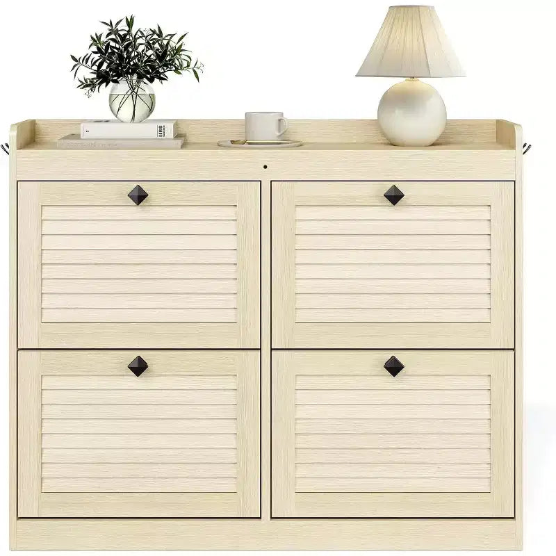 Grande scarpiera in rattan con 4 cassetti a ribalta, portascarpe autoportante con gambe in legno, scarpiera stretta