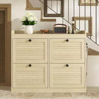 Grande scarpiera in rattan con 4 cassetti a ribalta, portascarpe autoportante con gambe in legno, scarpiera stretta