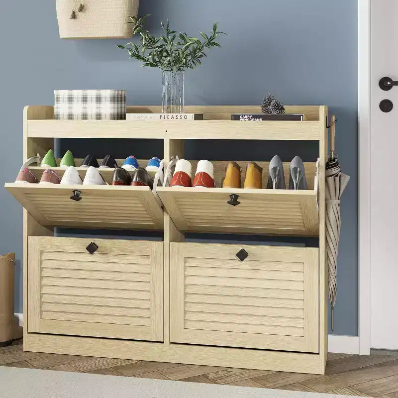Large Rattan Shoe Storage Cabinet with 4 Flip Drawers, Freestanding Shoe Organizer with Wooden Legs, Narrow Shoe Rack Cabinet