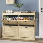 Large Rattan Shoe Storage Cabinet with 4 Flip Drawers, Freestanding Shoe Organizer with Wooden Legs, Narrow Shoe Rack Cabinet
